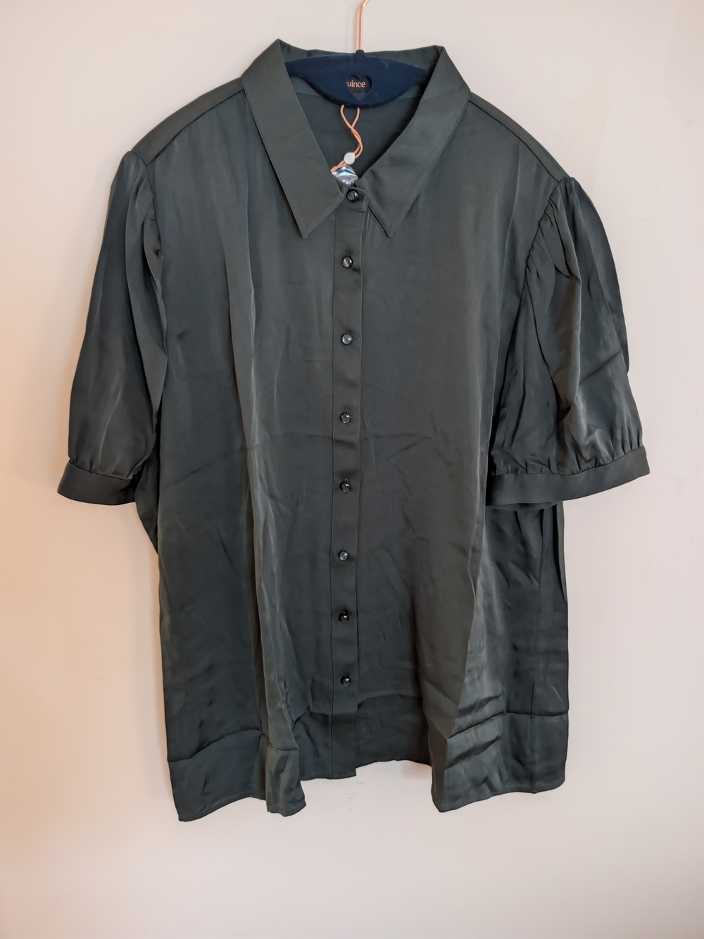 NWT Quince Washable Stretch Silk Puff Sleeve Blouse Forest Green XL